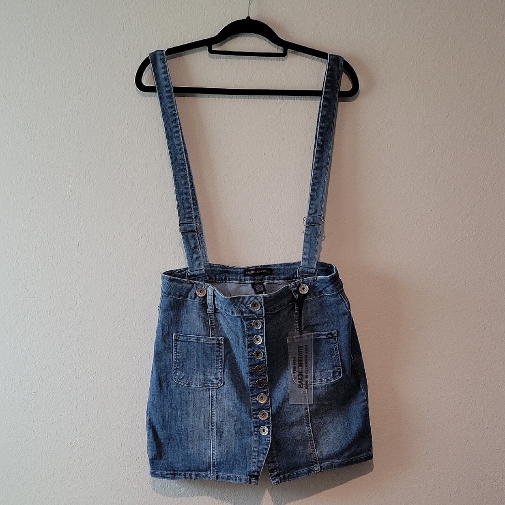 Button-Front Blue Denim Overall Skirt with Adjustable Straps